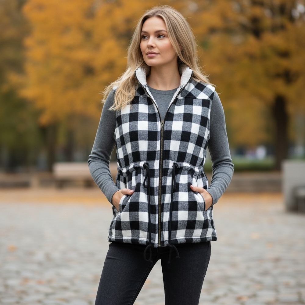 Doublju Womens Buffalo Plaid Fleece Lined Zip Up Vest Drawstring Waist Black M